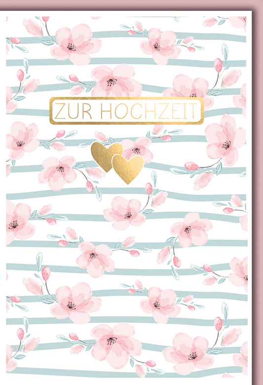 Hochzeitskarte Romantisch – Rosa Kirschblüten mit Goldherzen auf Streifenmuster