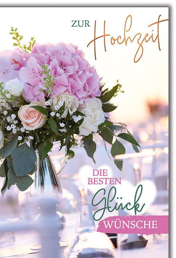 Hochzeitskarte Romantisch – Rosa Hortensien mit Vintage - Vase und zarten Grüntönen