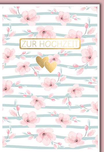 Hochzeitskarte Romantisch – Rosa Kirschblüten mit Goldherzen auf Streifenmuster