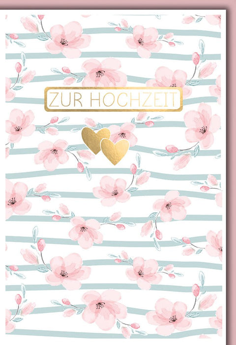 Hochzeitskarte Romantisch – Rosa Kirschblüten mit Goldherzen auf Streifenmuster