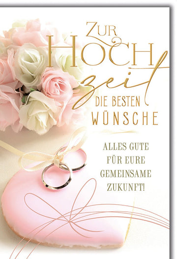Hochzeitskarte Romantisch – Rosenbouquet mit Eheringen und Herz in Pastellrosa