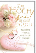 Hochzeitskarte Romantisch – Rosenbouquet mit Eheringen und Herz in Pastellrosa