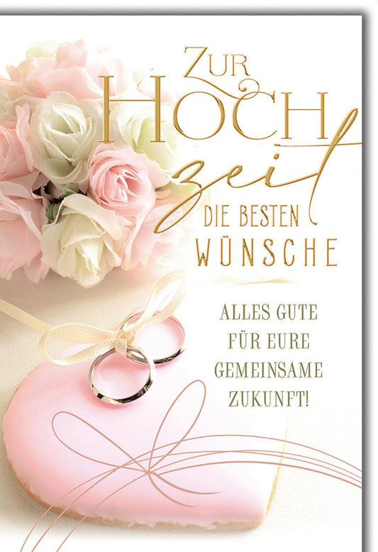 Hochzeitskarte Romantisch – Rosenbouquet mit Eheringen und Herz in Pastellrosa