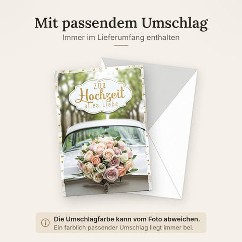 Hochzeitskarte Romantisch – Rosenstrauß auf Oldtimer mit goldener Schrift