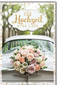 Hochzeitskarte Romantisch – Rosenstrauß auf Oldtimer mit goldener Schrift