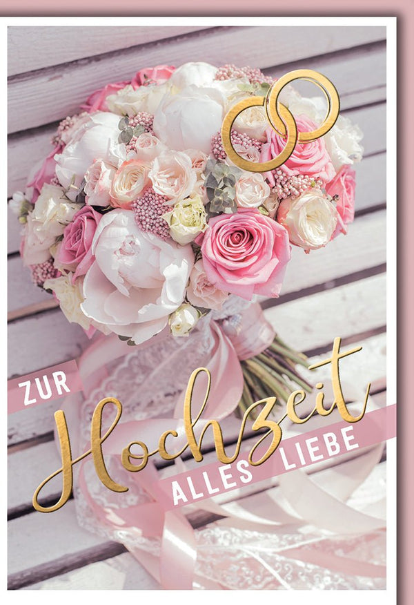 Hochzeitskarte Romantisch – Rosenstrauß mit goldenen Ringen und zartem Schleifenband