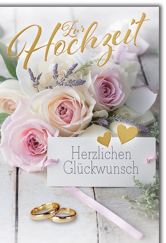 Hochzeitskarte Romantisch – Rosenstrauß mit Lavendel und goldenen Herzen