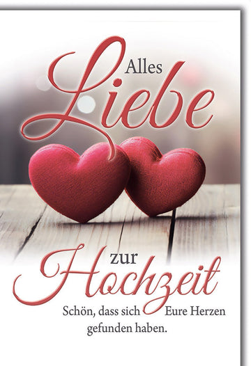 Hochzeitskarte Romantisch – Rote Herzen auf Holz mit elegantem Schriftzug