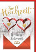 Hochzeitskarte Romantisch – Rote Herzschleifen auf Holz mit Goldschrift und Umschlag