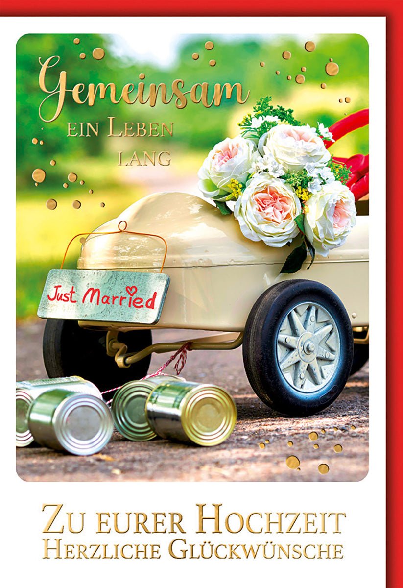 Hochzeitskarte Romantisch – Spielzeugauto mit Rosen und "Just Married" - Schild