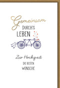 Hochzeitskarte Romantisch – Tandemfahrrad mit Herzen und Goldschrift