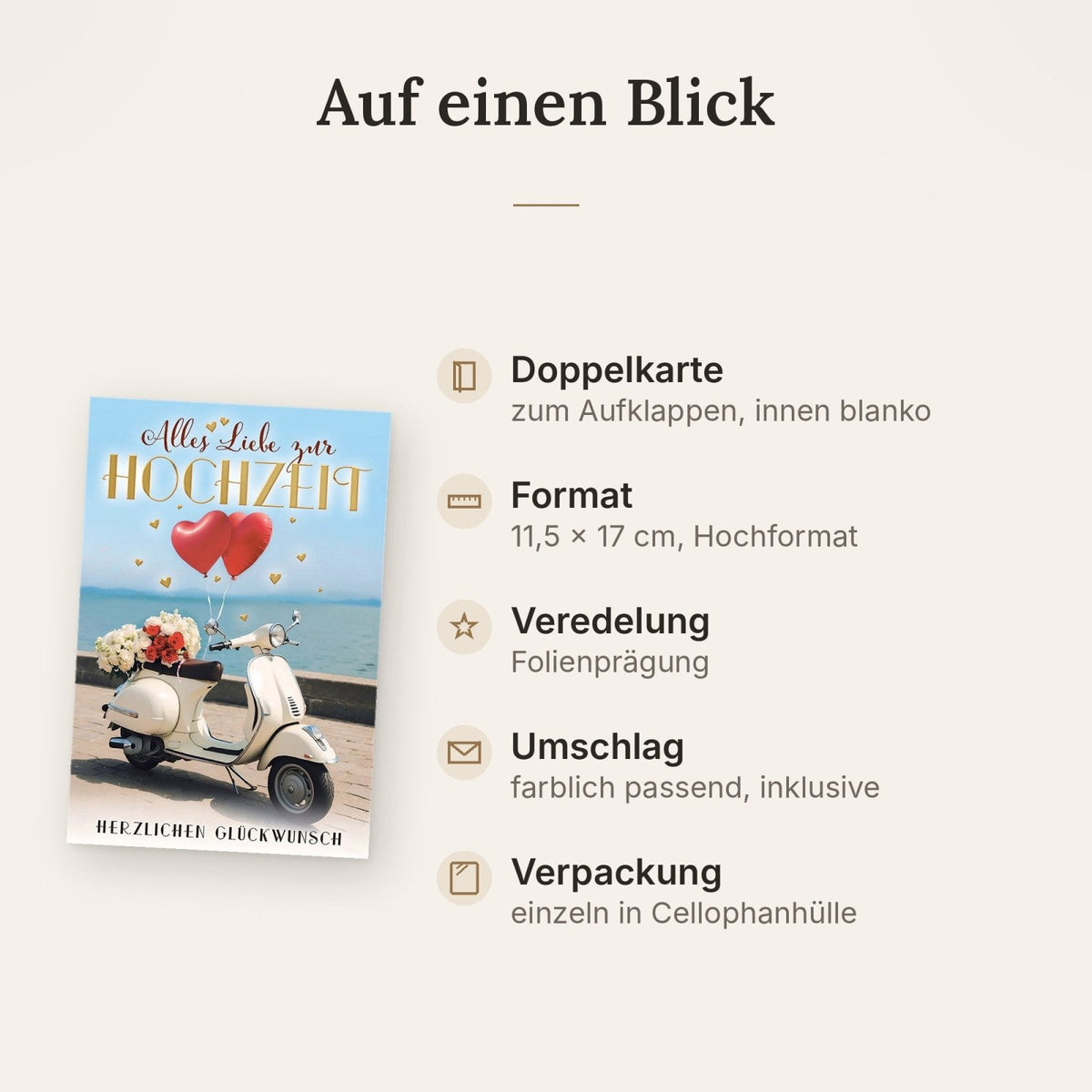 Hochzeitskarte Romantisch – Vespa mit Herzballons und Blumen am Seeufer