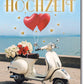 Hochzeitskarte Romantisch – Vespa mit Herzballons und Blumen am Seeufer