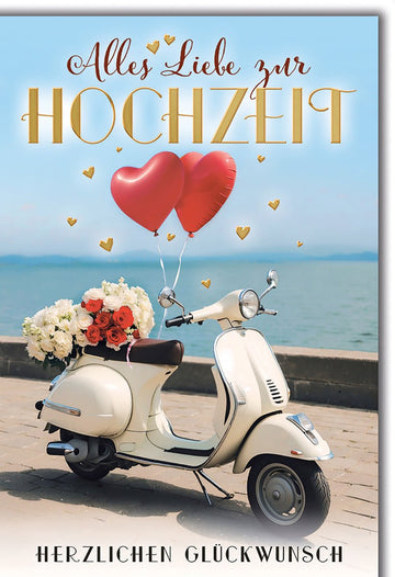Hochzeitskarte Romantisch – Vespa mit Herzballons und Blumen am Seeufer