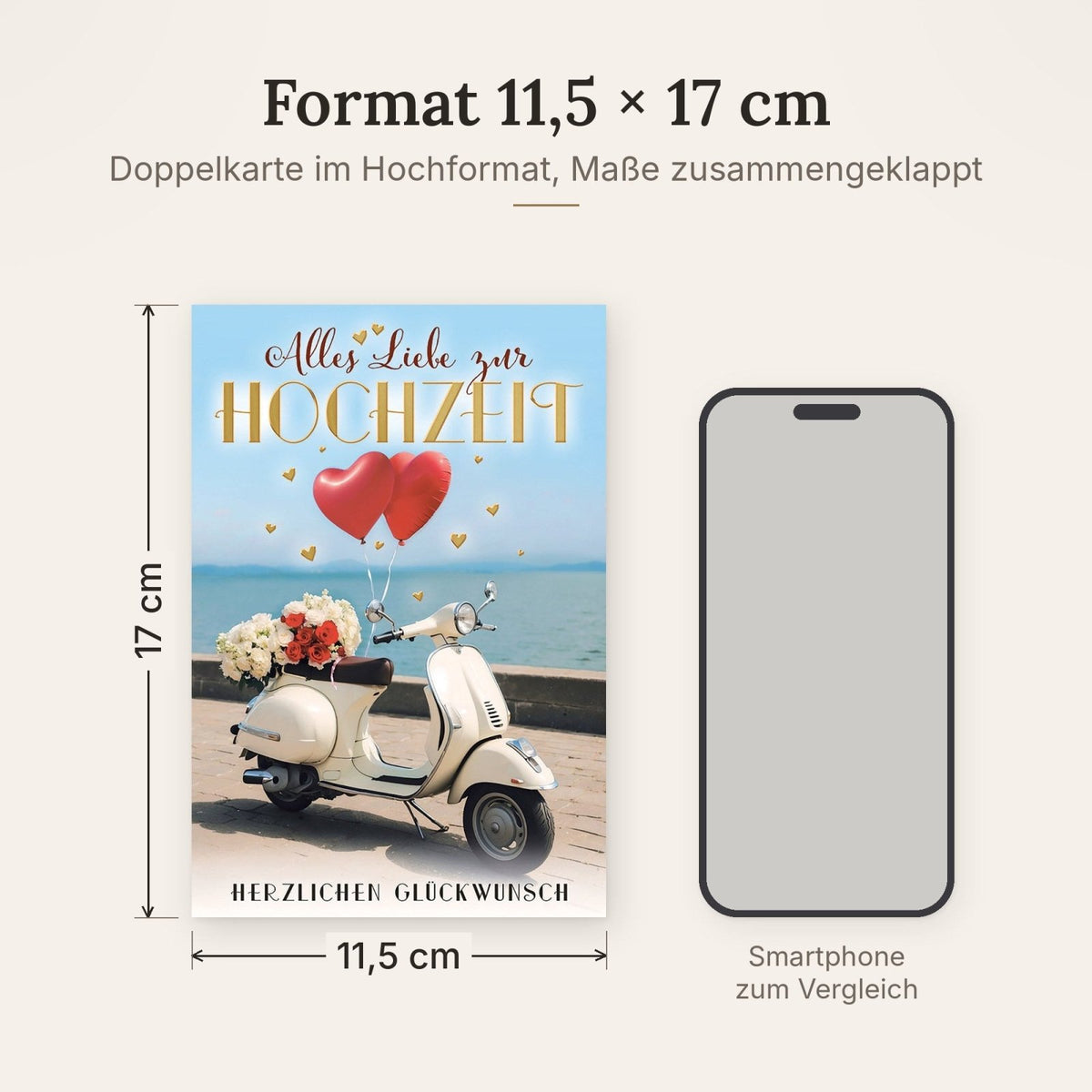 Hochzeitskarte Romantisch – Vespa mit Herzballons und Blumen am Seeufer