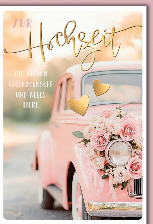 Hochzeitskarte Romantisch – Vintage Auto mit Rosen und goldenen Herzen im Retro - Stil
