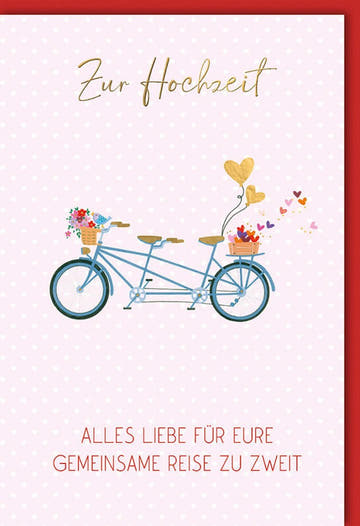 Hochzeitskarte - Romantische Gutscheinkarte mit Tandem - Motiv, Herzen & Blumen, ideal für Glückwünsche an das Brautpaar, Feier der gemeinsamen Reise