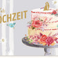 Hochzeitskarte: Romantische Torten - und Blumenillustration - Herzliche Glückwünsche zur Hochzeit