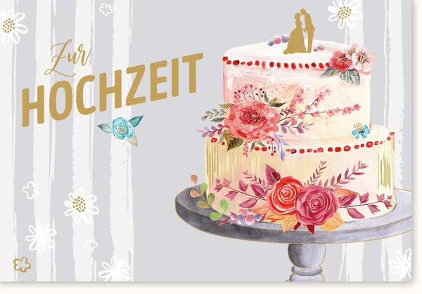 Hochzeitskarte: Romantische Torten- und Blumenillustration - Herzliche Glückwünsche zur Hochzeit