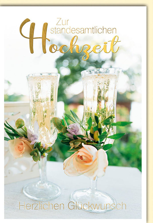 Hochzeitskarte Standesamt – Champagnergläser mit Rosen und elegantem Goldschriftzug