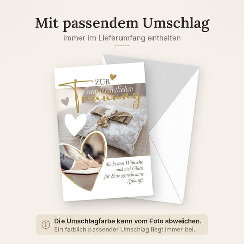 Hochzeitskarte Standesamt – Goldene Ringe auf Spitzenkissen mit Herzmotiv und Schriftzug