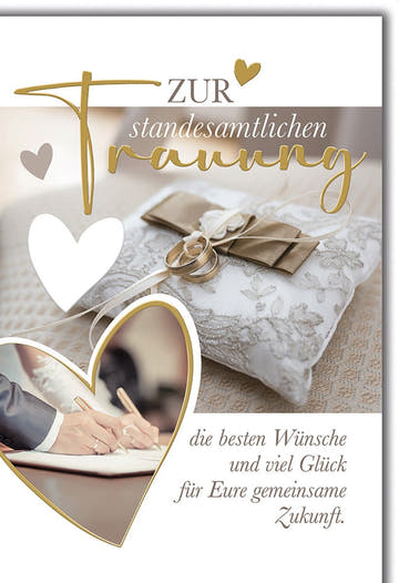 Hochzeitskarte Standesamt – Goldene Ringe auf Spitzenkissen mit Herzmotiv und Schriftzug