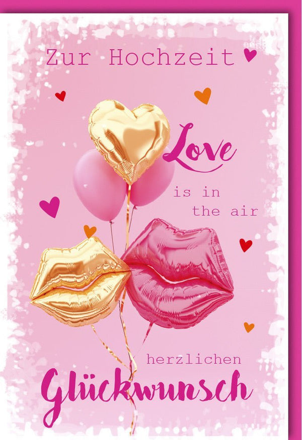 Hochzeitskarte - Stilvolle Karte mit goldenen & pinken Herzen und Luftballons, Herzliche Gratulation