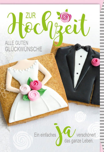Hochzeitskarte – Stilvolles Design mit Brautpaar, Keksen & Anzug - Motiv zur Feier der Liebe