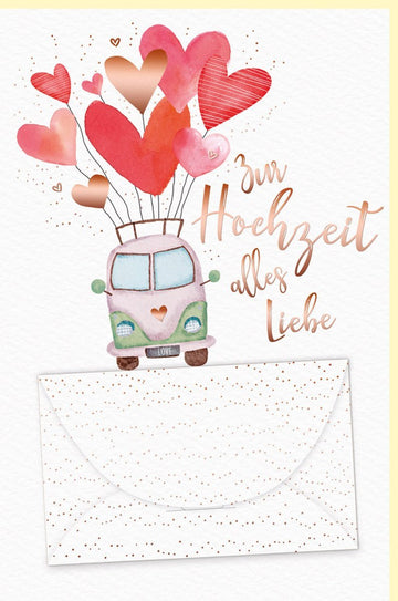 Hochzeitskarte Vintage Herzballons & Bus auf Naturkarton für Glückwünsche und Geldgeschenke