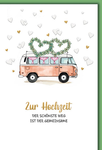 Hochzeitskarte Vintage – VW - Bus mit Herzgirlande und Aquarell - Herzen in Pastell