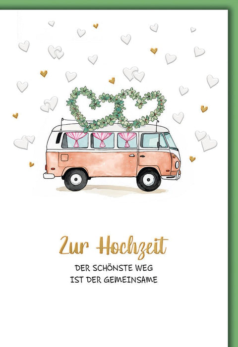 Hochzeitskarte Vintage – VW - Bus mit Herzgirlande und Aquarell - Herzen in Pastell