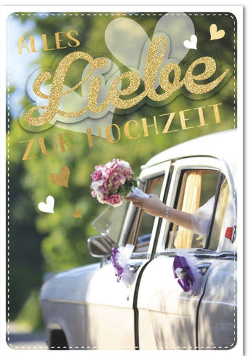 Hochzeitskarte XXL A4 - Elegante Brautstrauß & Hochzeitsauto, Romantische Glückwünsche im Vintage - Stil für Verlobung & Jahrestag