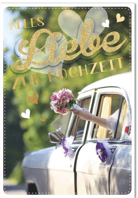 Hochzeitskarte XXL A4 - Elegante Brautstrauß & Hochzeitsauto, Romantische Glückwünsche im Vintage - Stil für Verlobung & Jahrestag