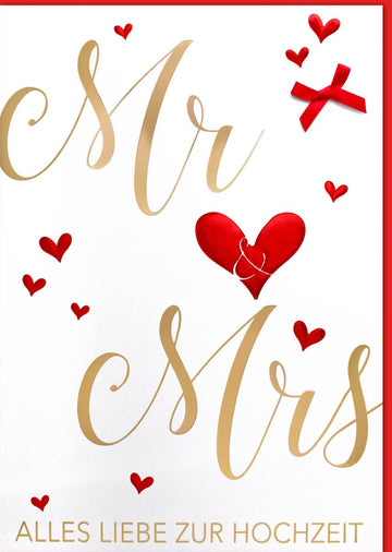 Hochzeitskarte XXL A4 - Mr & Mrs Herzmotiv - Elegante Glückwunschkarte in Rot & Gold zur Heirat, Verlobung oder Jubiläum für Paare