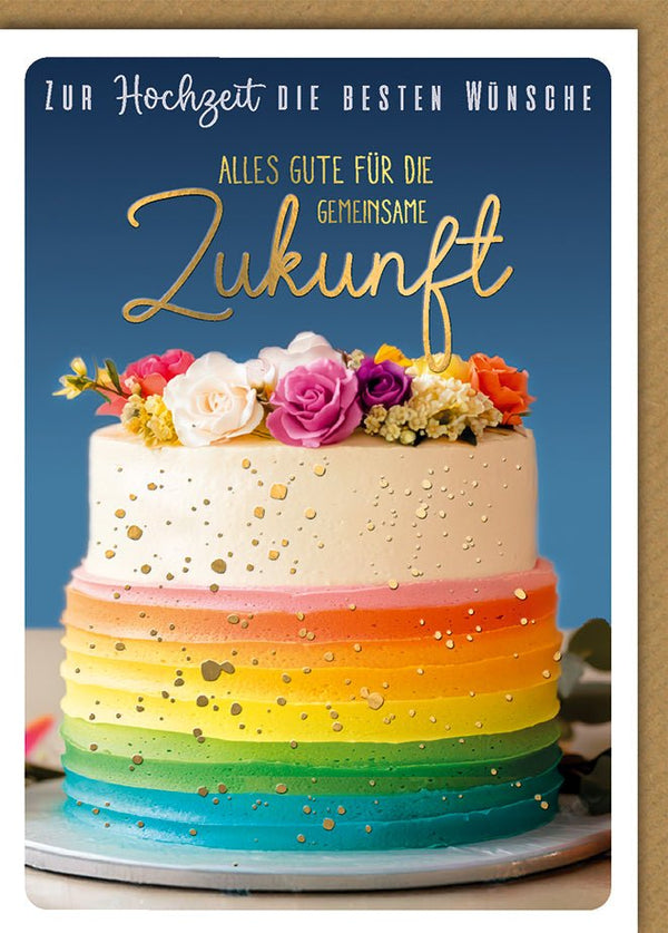 Hochzeitskarte Zukunft – Regenbogen-Torte mit Blumen und Goldakzenten