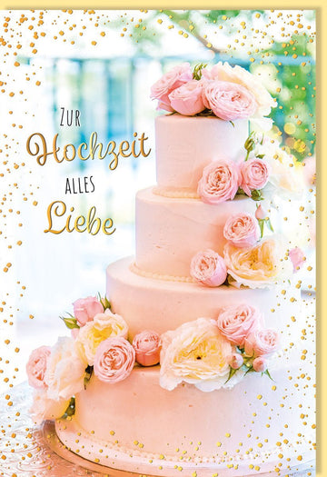 Hochzeitskarte zur Feier – Romantische Torten - Illustration, Liebevoller Spruch & Goldene Akzente im Blumen - Design