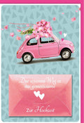 Hochzeitskarte zur Trauung mit Auto, Blumen und Herzen - Der schönste Weg ist der gemeinsame in Rosa und Türkis