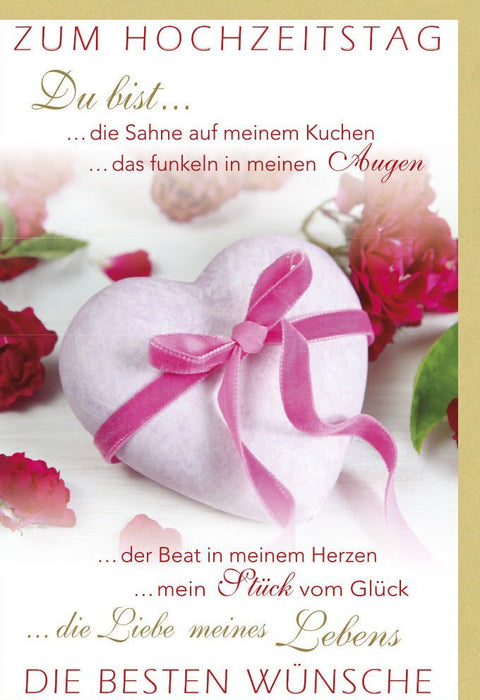 Hochzeitstagskarte mit Romantik - Spruch – Elegante Glückwünsche in Rosa, Herz - und Kuchenmotiv für verliebte Paare