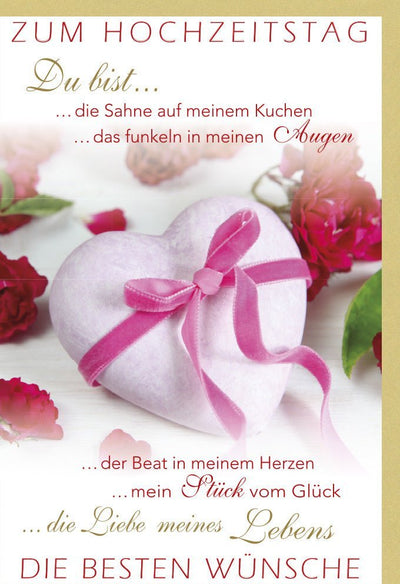 Hochzeitstagskarte mit Romantik-Spruch – Elegante Glückwünsche in Rosa, Herz- und Kuchenmotiv für verliebte Paare