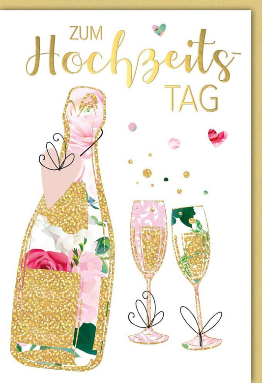 Hochzeitstagskarte Sektflasche & Gläser, Blumen & Goldglitzer Herzchen – Elegante Karte für besondere Anlässe