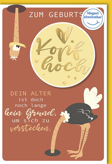 Humorvolle Geburtstagskarte für Erwachsene: Unisex Glückwunsch mit originellem Spruch und Magnet in Orange - "Kopf hoch!"