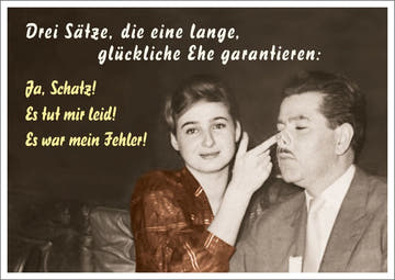 Humorvolle Postkarte für eine glückliche Ehe: Drei Sätze, die euer gemeinsames Glück besiegeln