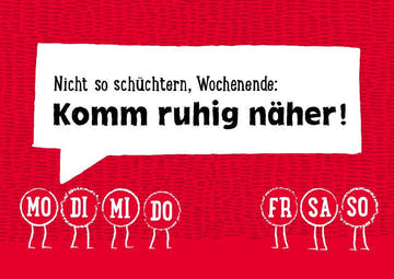 Humorvolle Wochenend - Postkarte: Roter und weißer Spruch für entspannte Freizeit & Spaß