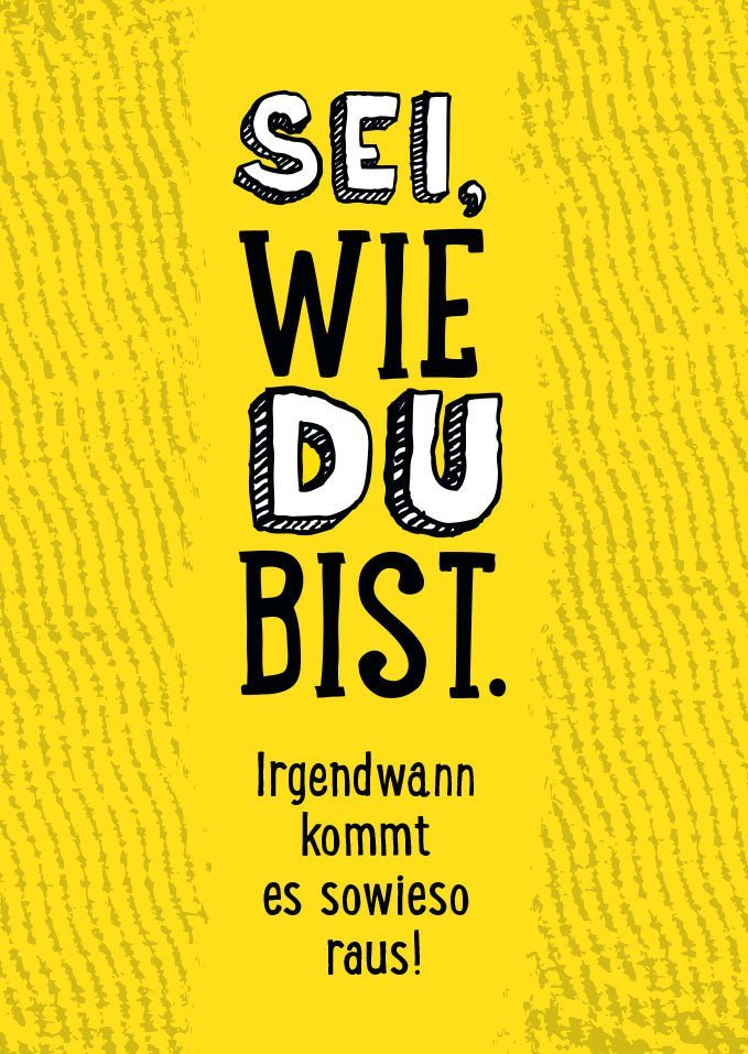 Inspirations - Postkarte – Gelb & Schwarz, Lebensweisheit für Authentizität und Positivität, Typografie - Design