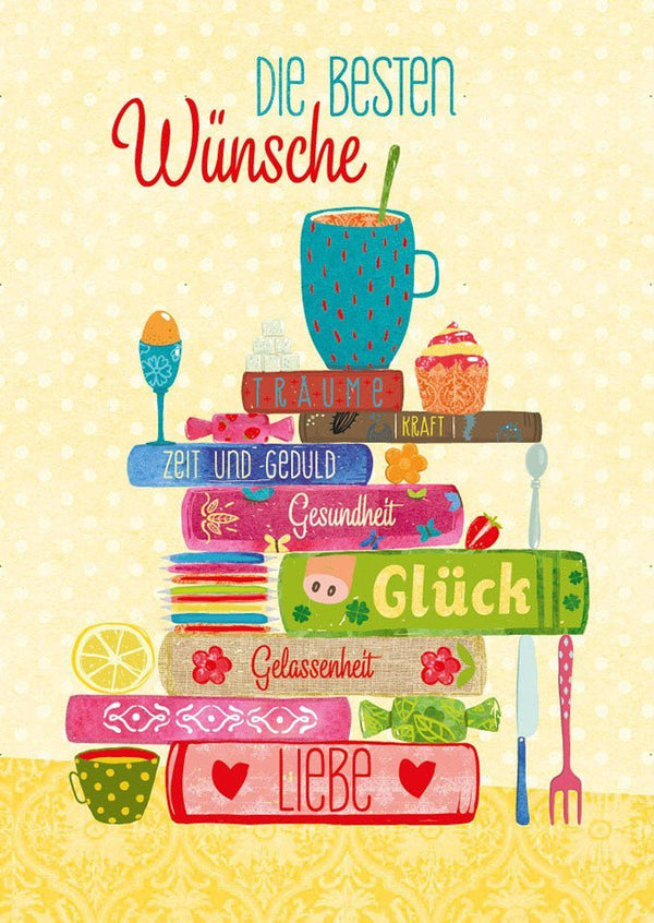 Inspirierende Postkarte mit Bücherstapel: Glück & Liebe, Retro-Illustration, Folienprägung, Motivationsspruch