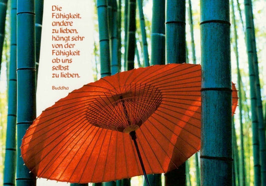 Inspirierende Postkarte mit Buddha Zitaten, Bambuswald & Rotem Schirm, Grüne Natur für Entspannung & Harmonie, Motivationskarte für innere Ruhe