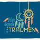 Inspirierende Postkarte: Traumfänger mit Mond und Federn in Blau - Gelb für Träumer, ideal als Geschenk oder Dekoration