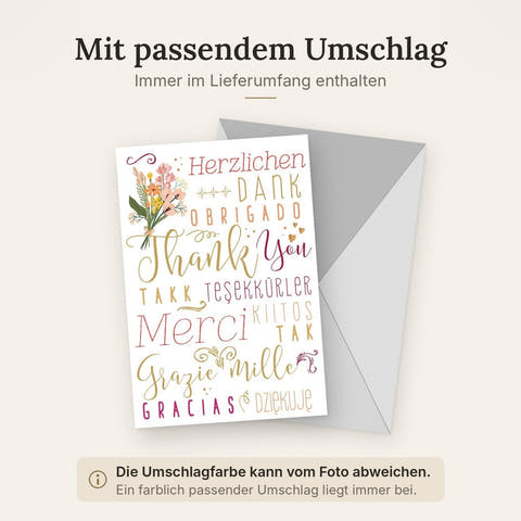Internationale Danksagungskarte - Mehrsprachiges "Thank You" Design mit Blumenmotiv für Feiern & Anlässe