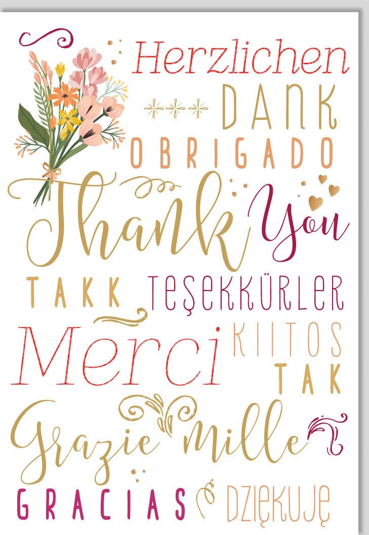 Internationale Danksagungskarte - Mehrsprachiges "Thank You" Design mit Blumenmotiv für Feiern & Anlässe