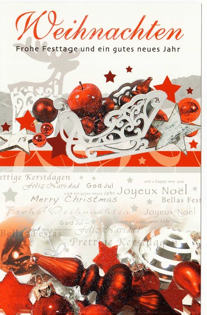 Internationale Weihnachtsgrüße in Rot und Weiß – Festliche Karte für weltweite Freude